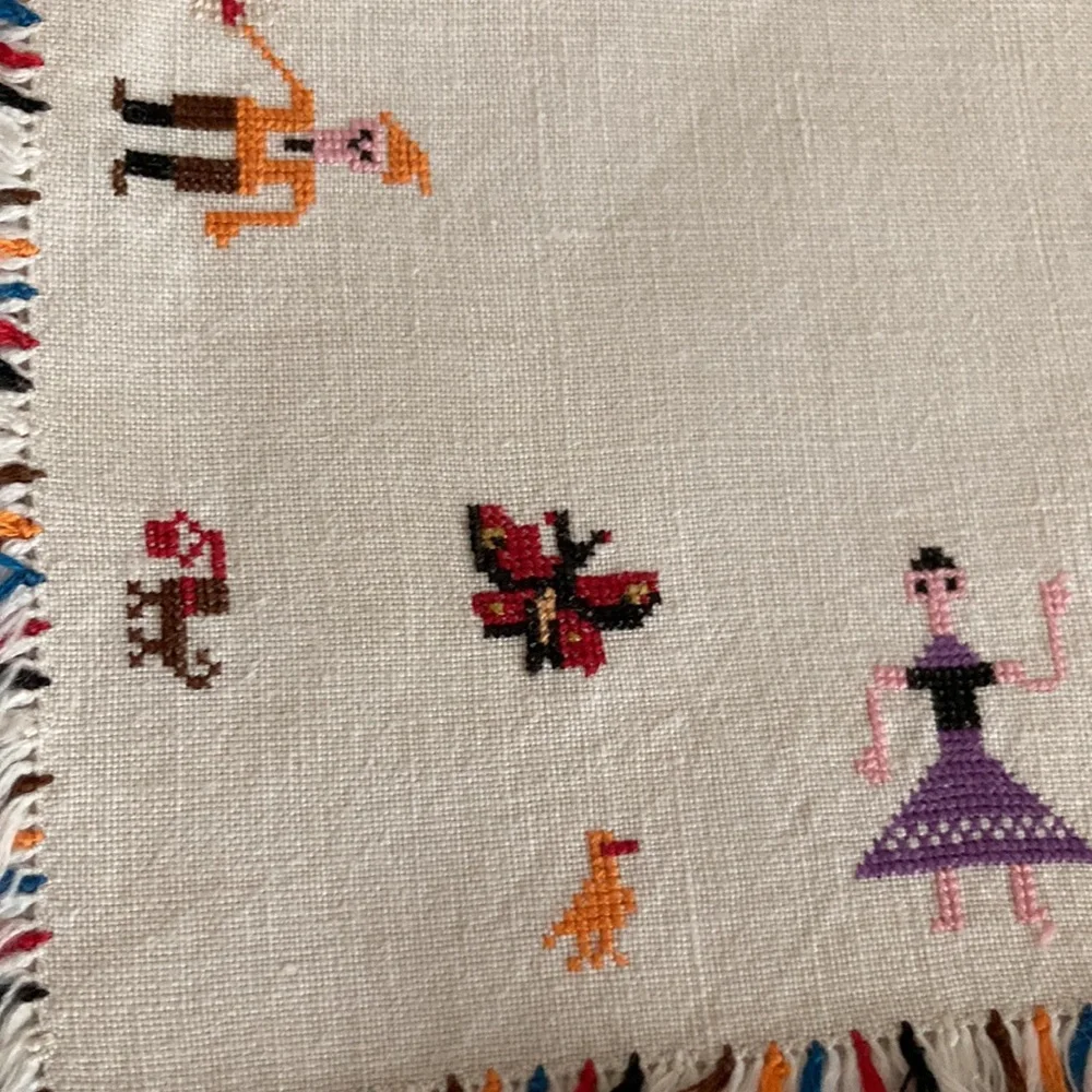 Three Vintage Linen Cocktail Napkins, Rare, Cross Stitched on this fine …
